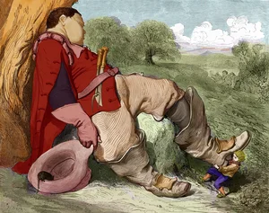 There is also much to do at the foot: Tom Thumb stealing boots. Engraving by Gustave Doré, 1862. © Lebrecht Music